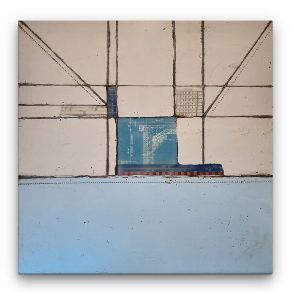 VINTAGE PLANS BLUE V Encaustic Painting by Heather Davis